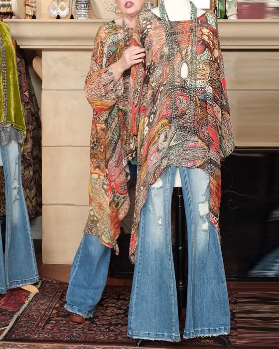 Blus Löst Fladdermusärm Tryck