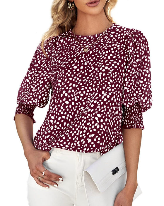 Blus Floral Rund Hals Rynkad Mid