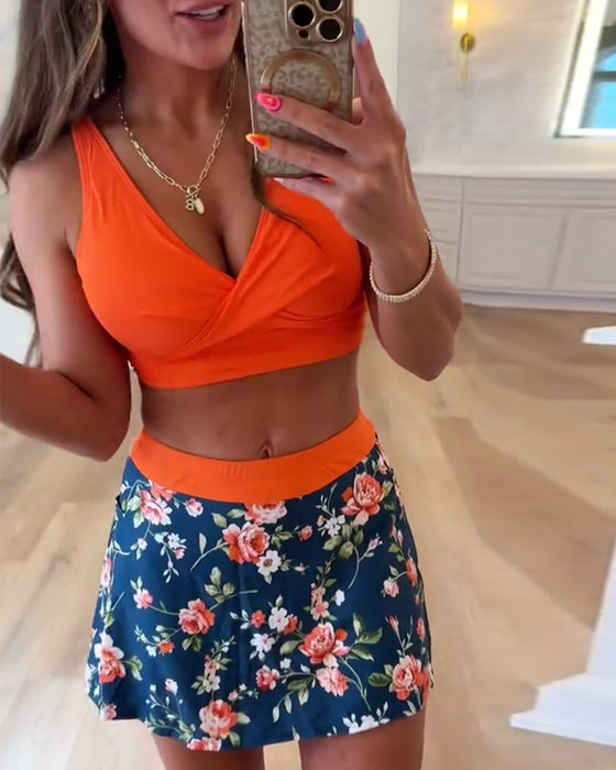 Bikini Färgblock Blommigt Print Skirtini