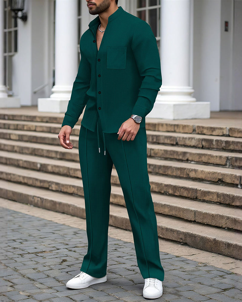 Herr Tvådelad Casual Våffla Skjorta Byxa Set