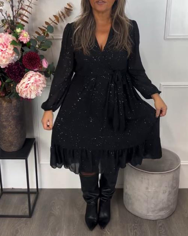 Klänning Med V-Hals Design, Bindning Vid Midja Detalj Och Skimmer Stoff