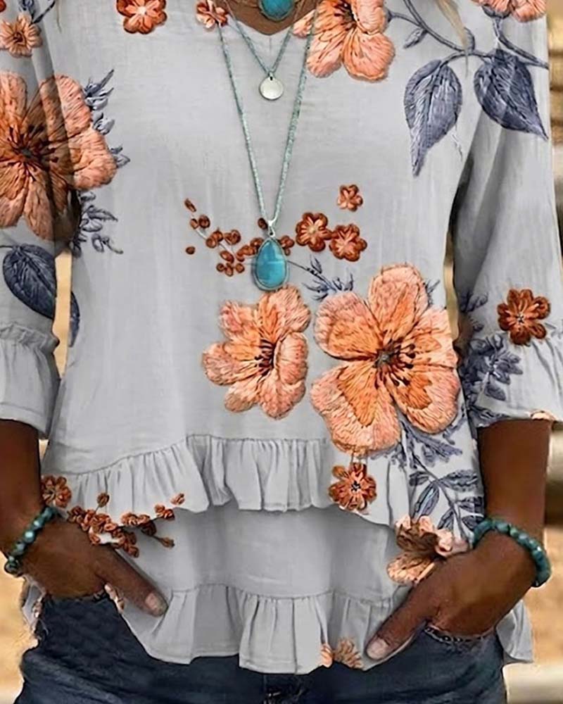 Blus V-Ringning Vintage Blommig Loose Fit