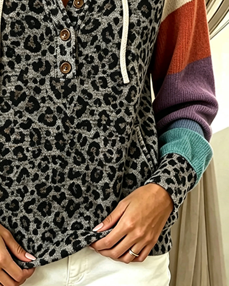 Hoodie Leopard Färgblock Knapp