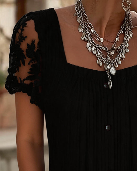 Blus Fyrkantig Hals Ribbad Spets Patchwork