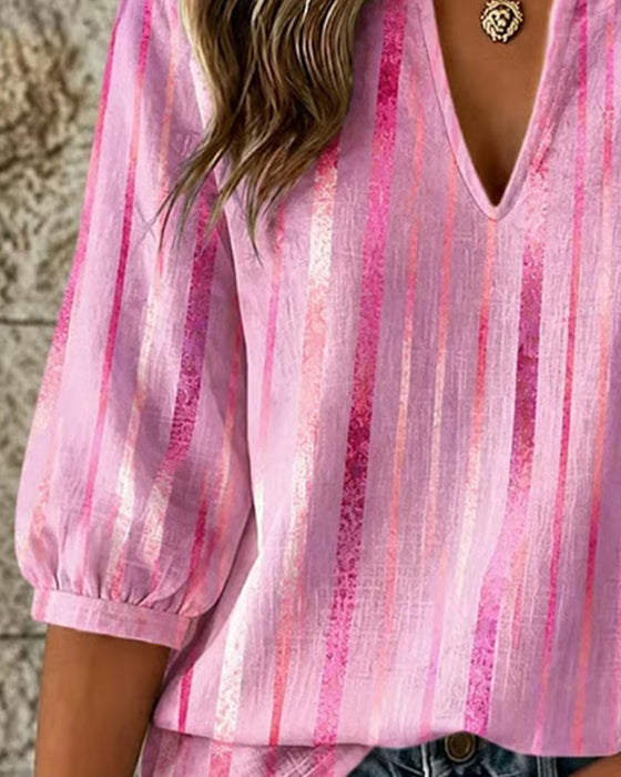 Blus Vertikal Rand Liten V-Hals