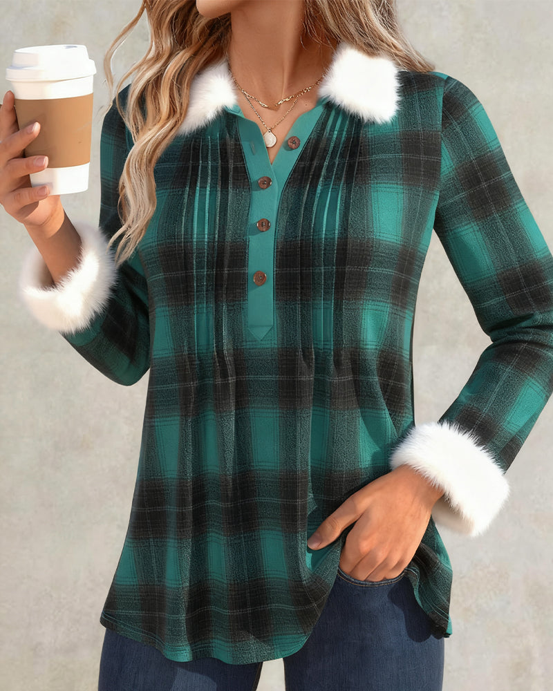 Skjorta I Plysch Med Rutigt Mönster Och Krage