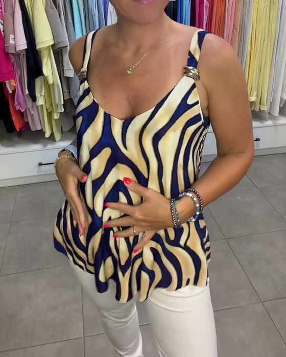Blus V-Hals Spagettiband Zebra Tryck Metallknapp