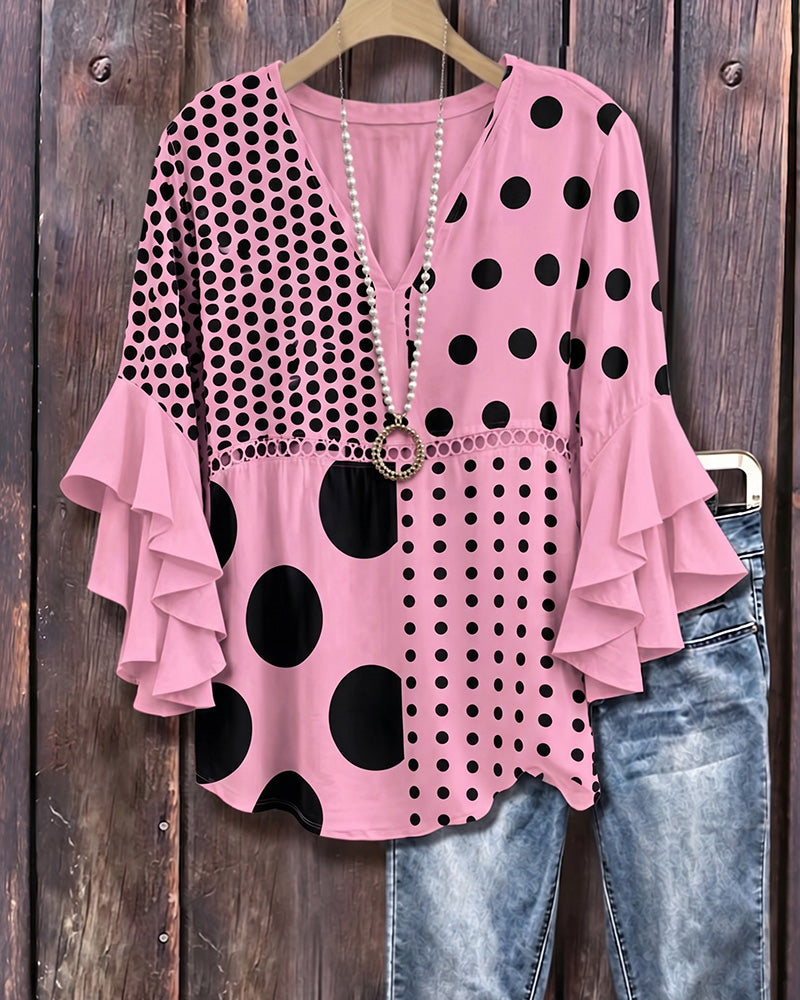 Blus Blandad Prickig Patchwork Ruffle