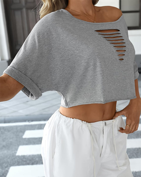 T-Shirts Off-Shoulder Asymmetrisk Rivna Rullfåll