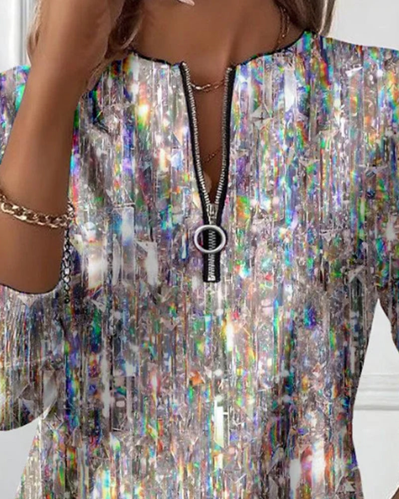 Tryckt Långärmad Sweatshirt Med Halvblås