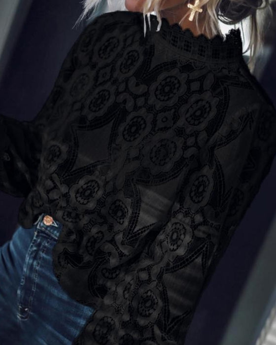 Blus Sexig Genomskinlig Långärmad Ståkrage Spets