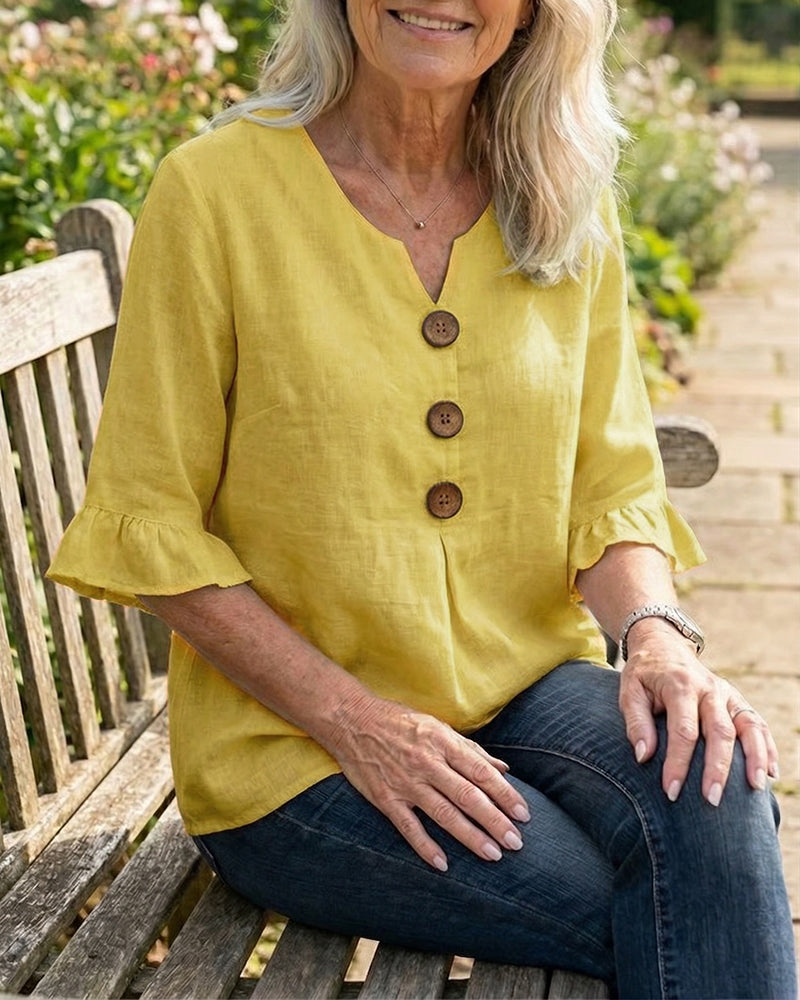 Blusar Enfärgad Bomullslinne Träknappar Rynkningar