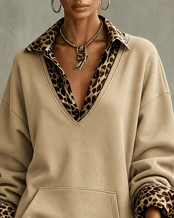Klänning Krage V-Ringning Leopardmönster Sweatshirt
