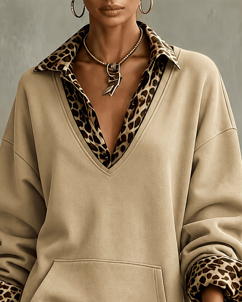 Klänning Krage V-Ringning Leopardmönster Sweatshirt
