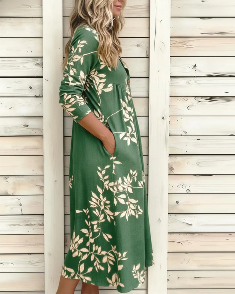 Klänning Botaniskt Print Knapp Rynkad