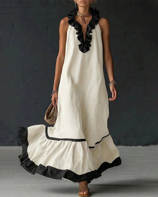 Klänning Kontrast Rynkad Ärmlös Lång