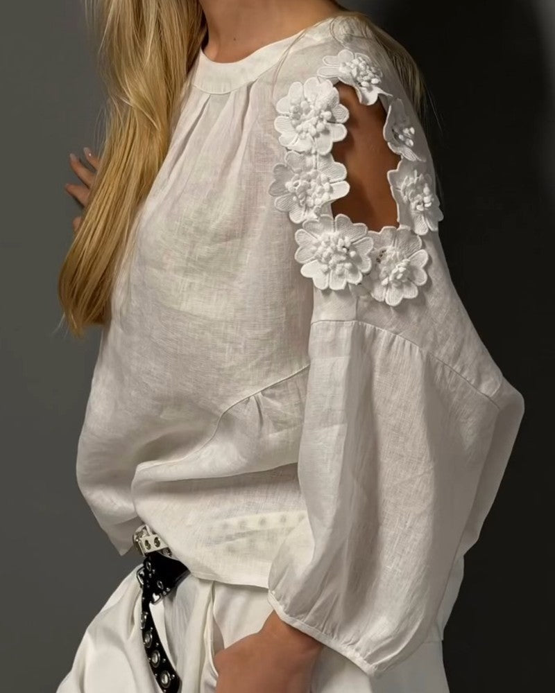 Blusar Rundhals Utskärning Off-Shoulder 3D Blommig