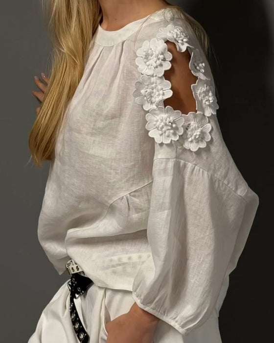 Blusar Rundhals Utskärning Off-Shoulder 3D Blommig