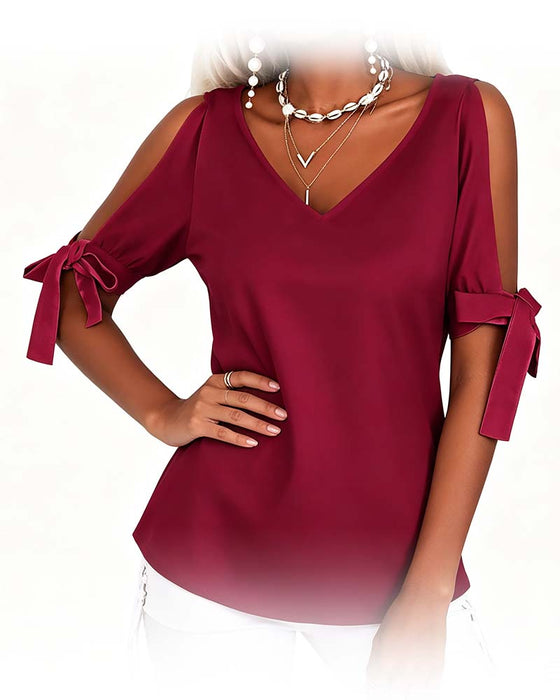 Blus V-Hals Cold Shoulder Rosett Enfärgad