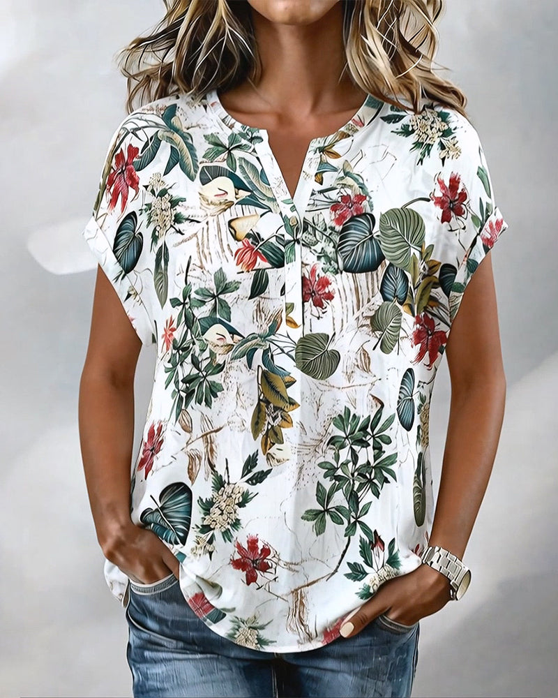 Blus V-Ringning Botaniskt Print Casual