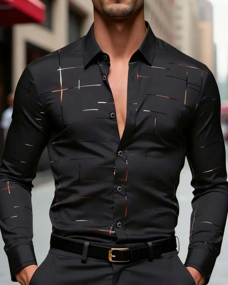 Herr Skjorta Nedvikt Krage Randigt Print Långärmad