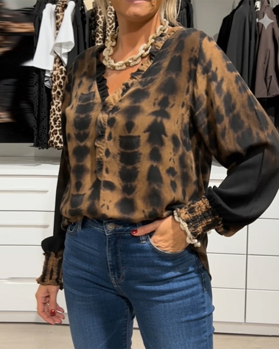 Blus Ryschad V-Ringning Tie-Dye-Tryck