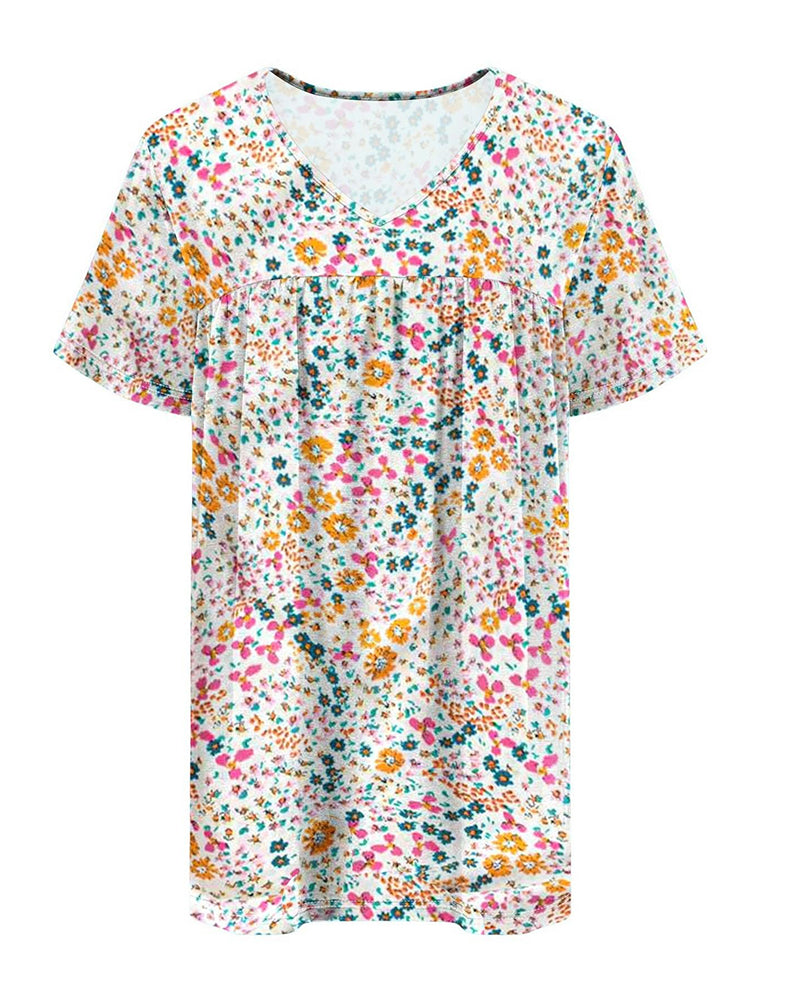 Blus Blommig V-Ringad Kortärmad