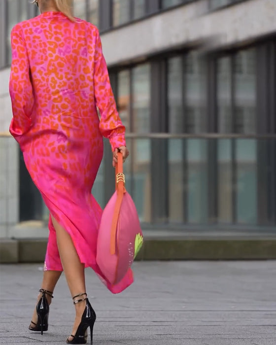 Klänning Långärmad Leopardskrivna Slits