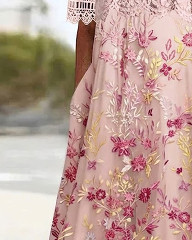 Klänning Spets Blommönster Patchwork A-Linje