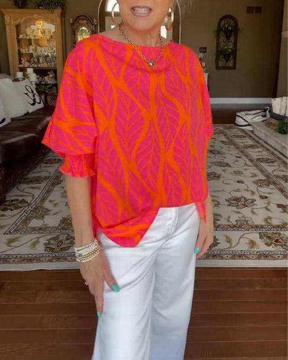 Blus Rund Hals Lös Tryck