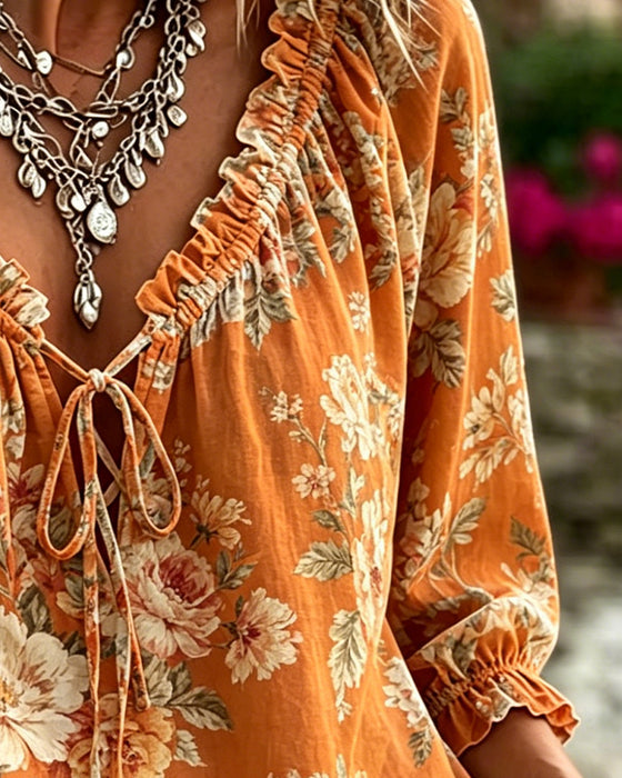 Blus Blommig V-Hals Knyt Puffärm