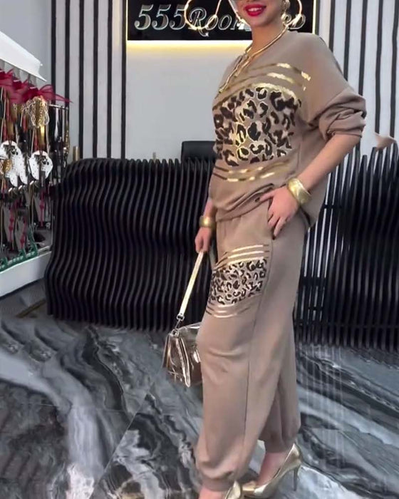 Set Leopardmönster Avslappnad Sweatshirt