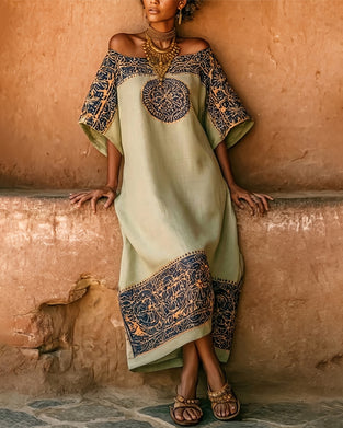 Klänning Etnisk Tryck Off-Shoulder Lång