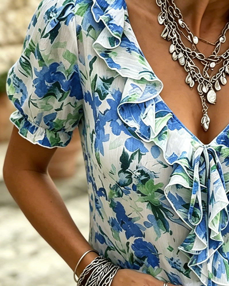 Blus V-Hals Ruffle Bubbel Ärm