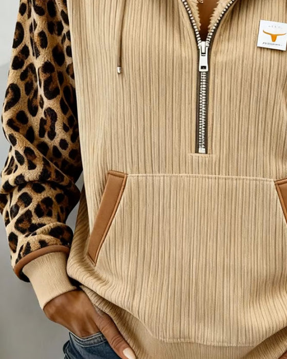 Hoodie Med Leopardtryck Och Fleecefoder