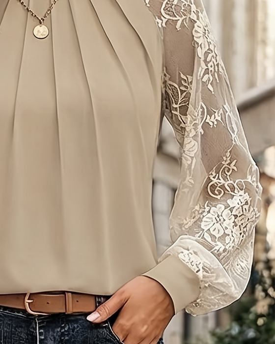 Blus Rundhals Rynkad Spets Patchwork