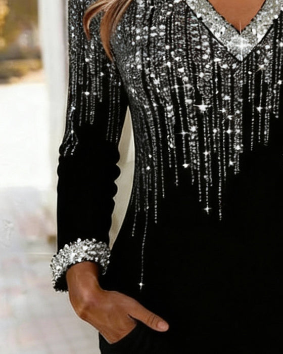 Klänning Glimmande V-Ringning Långärmad