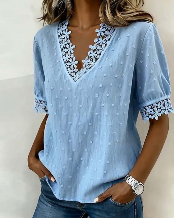 Blus Spets V-Hals 3D Blommig Solid