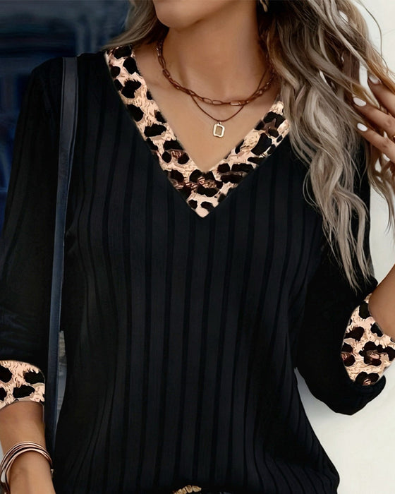 Topp Lång Ärm V-Hals Leopard Patchwork