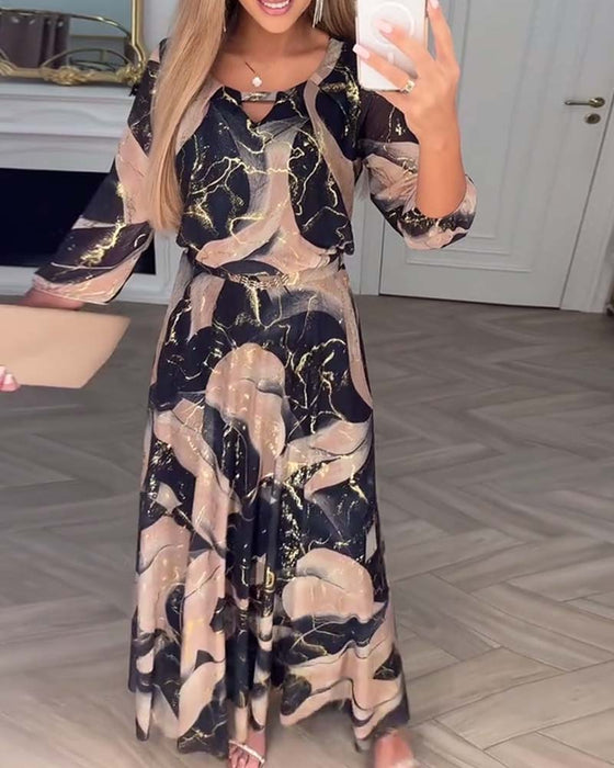 Klänning Elegant Trekvartsärm Tryckt Midja