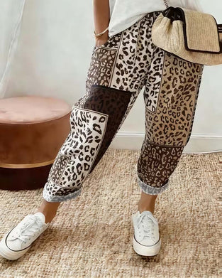 Byxor Leopard Tryck Rutig Kontrast Patchwork Avslappnad