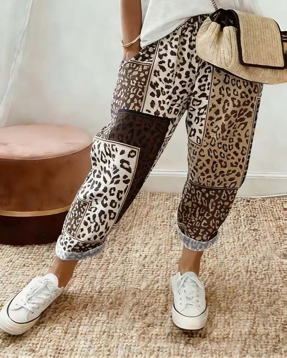 Byxor Leopard Tryck Rutig Kontrast Patchwork Avslappnad