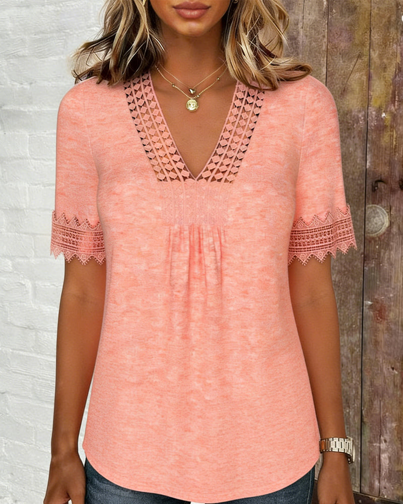 Blus Spets Lapptäcke V-Hals Kort Ärm