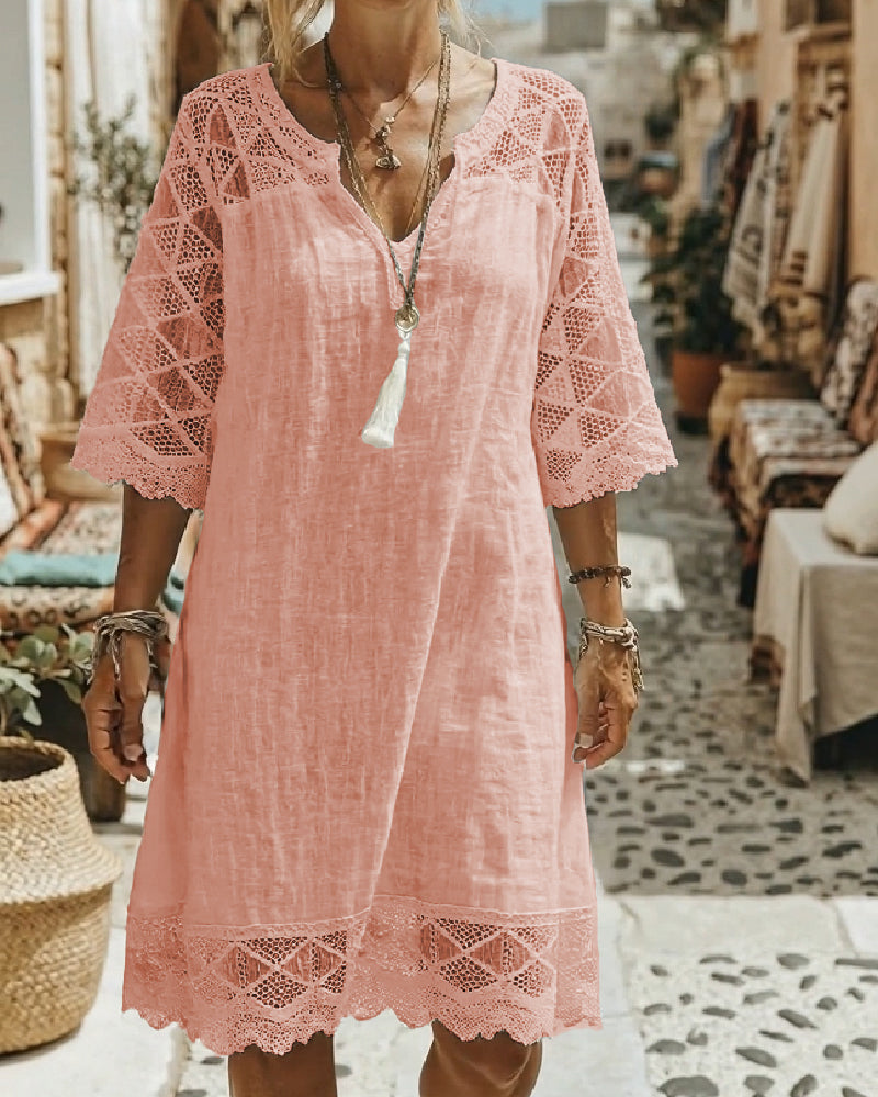 Klänning V-ringning Spets Patchwork Casual