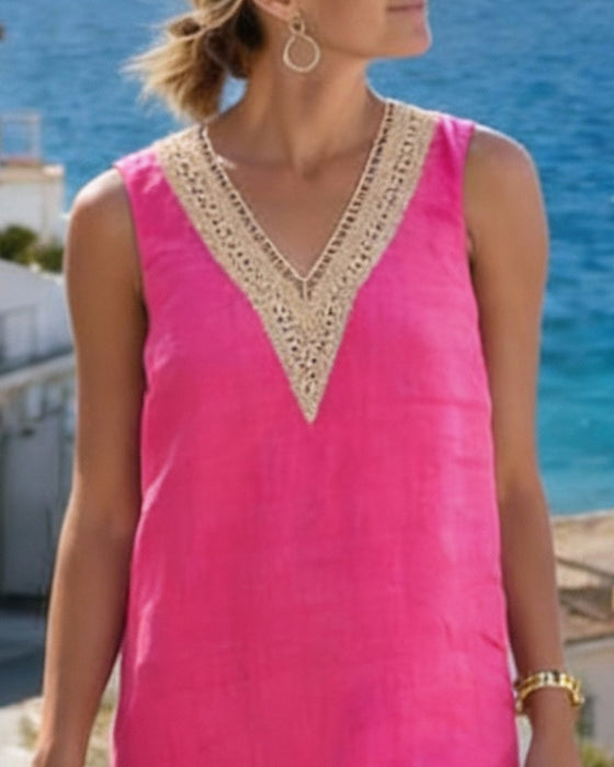 Klänning Utan Ärmar Med V-Ringning Och Spetsinslag