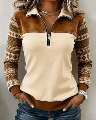 Sweatshirt Halv Dragkedja Färgblock Vintage Patchwork