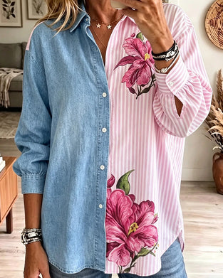 Skjorta Blommig Rand Denim Patchwork
