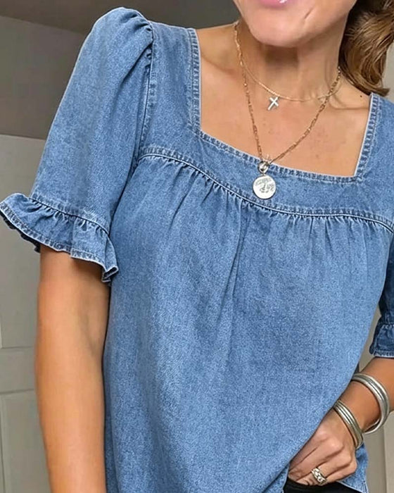 Blus Fyrkantig Hals Rynkad Denim