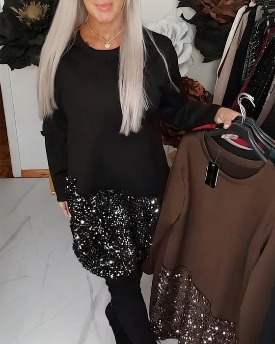 Klänning Rund Halsringning Långärmad Paillettfylld lappverk