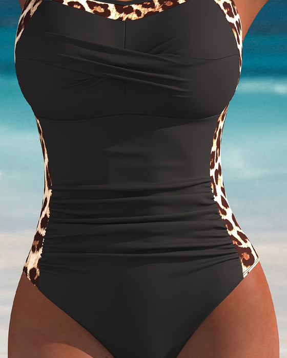 One-Piece Halter Leopard Tryck Patchwork